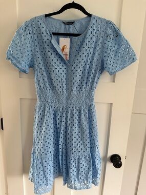 Light Blue Eyelet Midi Dress with Smocked Waist